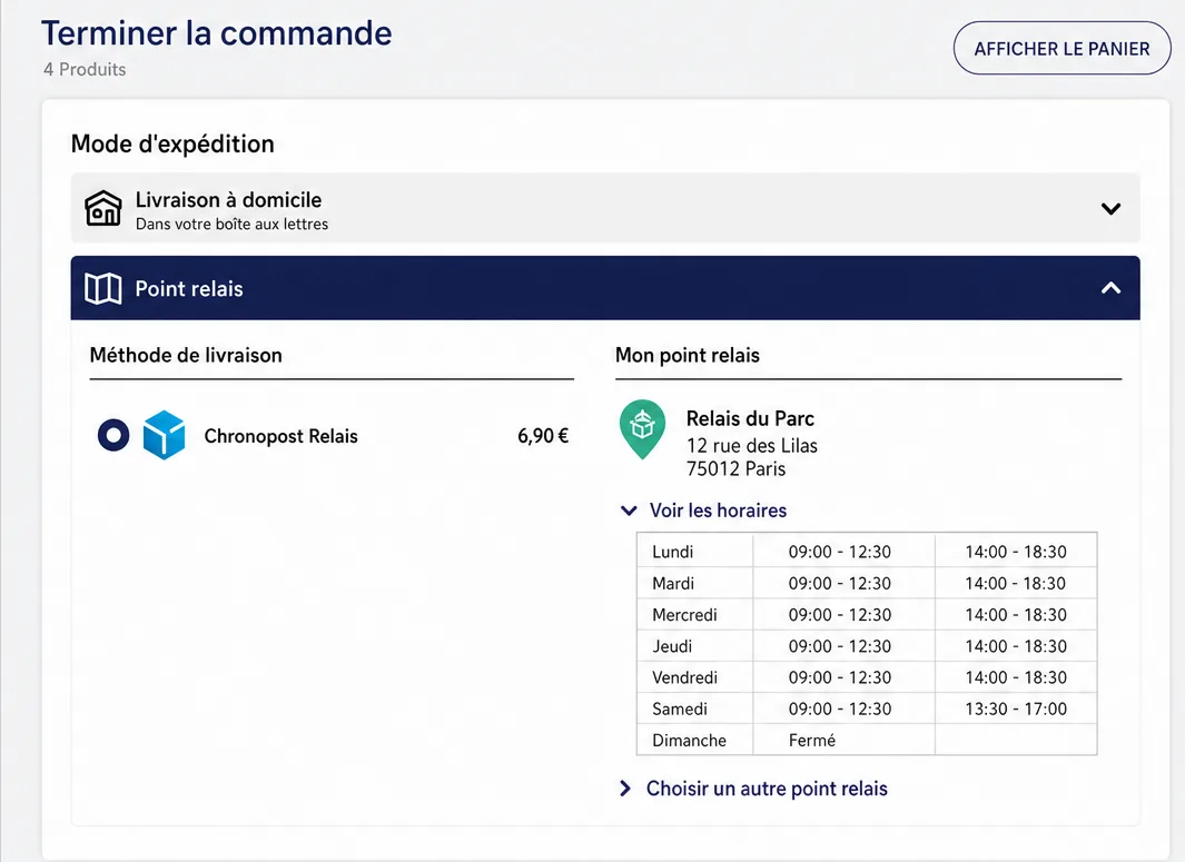 Checkout : point relais sélectionné avec son adresse, ses horaires d’ouverture et un lien pour choisir un autre relais.