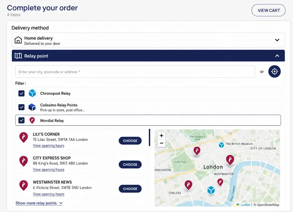 Checkout: pickup point results from several carriers listed next to the map, with carrier filters.